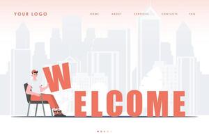 Welcome landing page. A man sits and holds the letter W in his hands. The initial page for the site. Cartoon style character. Vector illustration.