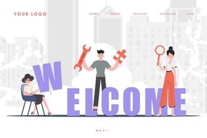 Welcome Landing Page Diverse Team of People Website Start Page. Trendy flat style. Previous illustration. vector