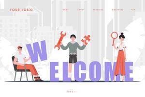 Welcome Landing Page Diverse Team of People Website Start Page. trendy style. . vector