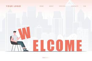 Welcome landing page. A man sits and holds the letter W in his hands. The initial page for the site. trendy style. Vector illustration.