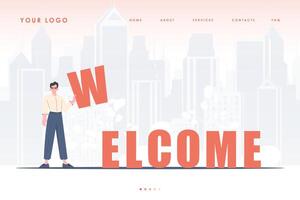 Welcome landing page. A man stands and holds the letter W in his hands. The initial page for the site. Trendy flat style. Vector illustration.