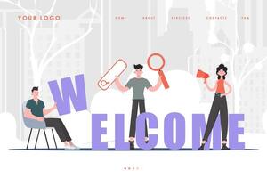 Welcome Landing Page Diverse Team of People Website Start Page. Trendy character style. Vector. vector