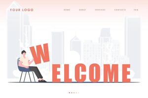 Welcome landing page. A man sits and holds the letter W in his hands. The start page of the site. Cartoon style character. Vector illustration.