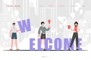 Welcome landing page diverse team of people Creative start page for website. Trendy flat style. Previous illustration. vector