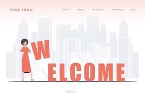 Welcome landing page. The girl stands and holds the letter W in her hands. The initial page for the site. Trend style character. Vector illustration.