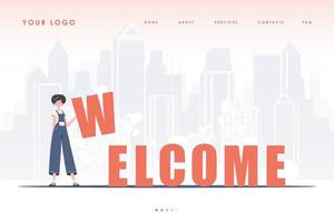 Welcome landing page. The girl stands and holds the letter W in her hands. The initial page for the site. Trendy flat style. Vector illustration.