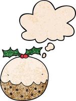 cartoon christmas pudding and thought bubble in grunge texture pattern style vector