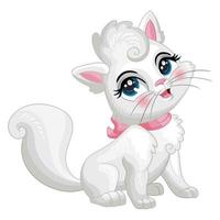 Cute sitting fluffy white kitten cartoon character vector illustration