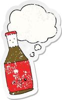 cartoon beer bottle and thought bubble as a distressed worn sticker vector