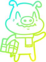 cold gradient line drawing nervous cartoon pig with present vector