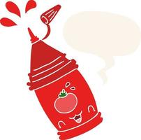 botella de ketchup de dibujos animados y burbuja de habla en estilo retro vector