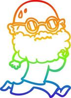 rainbow gradient line drawing cartoon running man with beard and sunglasses sweating vector