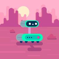 Cute Green AI Robot Observing Mars The Red Planet Vector Illustration