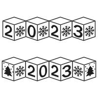 Calendar for Christmas, new year made of cubes with the number 2023, vector illustration black contour doodle