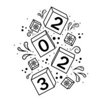 Calendar for Christmas, new year falling cubes with the number 2023, black contour doodle, vector illustration