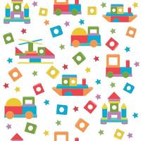 Transport pattern made of colored wooden cubes, vector isolated illustration in flat style