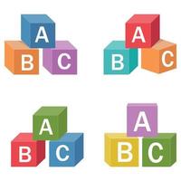 Wooden alphabet cubes with letters A, B, C, color vector isolated illustration