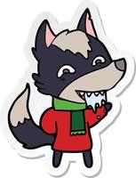 sticker of a cartoon hungry wolf in winter clothes vector