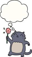 gato de dibujos animados con flor y burbuja de pensamiento vector