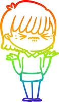 rainbow gradient line drawing annoyed cartoon girl vector