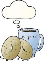 cartoon coffee and donuts and thought bubble in smooth gradient style vector