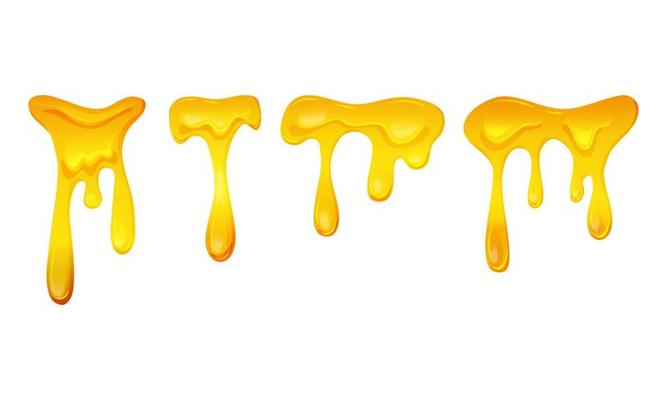 Flowing yellow viscous liquid. Lemon jelly or honey drops. Vector illustration on a white isolated background.