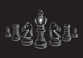 piezas de ajedrez en estilo boceto sobre un fondo negro aislado. fondo web del club de ajedrez. ilustración vectorial dibujada a mano.
