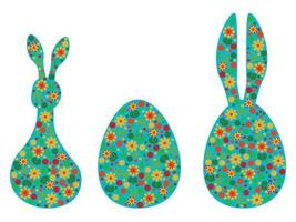 Easter silhouettes with floral motifs set, rabbit and egg for festive design vector