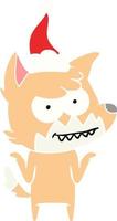 flat color illustration of a grinning fox wearing santa hat vector