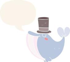 cartoon whale and top hat and speech bubble in retro style vector