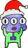 textured cartoon of a three eyed alien wearing santa hat vector