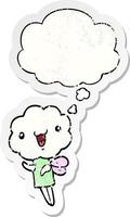 cute cartoon cloud head creature and thought bubble as a distressed worn sticker vector