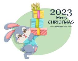 Merry Christmas and Happy New Year. Cartoon rabbit vector