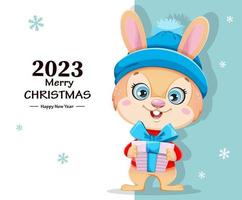 feliz navidad y prospero año nuevo. lindo conejo de dibujos animados vector