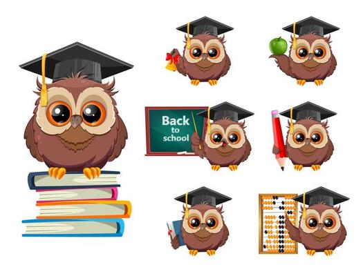 Wise owl in graduation cap. Cute cartoon owl