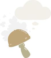 hongo de dibujos animados con nube de esporas y burbuja de pensamiento en estilo retro vector