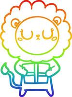 rainbow gradient line drawing cartoon lion with christmas present vector