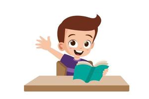 Cute little kid rasing his hand while holding book vector illustration