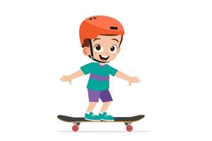 Cute little boy playing with helmet  skateboards vector illustration