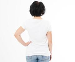 Back view - woman in white t-shirt isolated mock up, copy space, empty tshirt. Girl in t shirt. photo