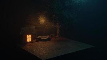 Warm scenery from the lights coming out of the cottage, The old house in the garden with the night well photo