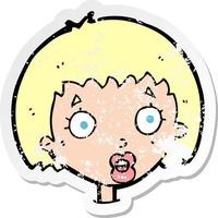 retro distressed sticker of a cartoon surprised female face vector