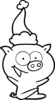 cheerful sitting pig line drawing of a wearing santa hat vector