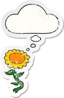 cartoon sunflower and thought bubble as a distressed worn sticker vector