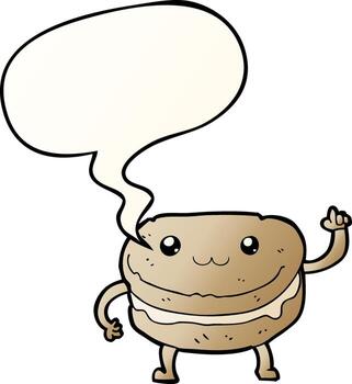 cartoon waving cake character and speech bubble in smooth gradient style vector