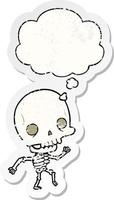 cartoon skeleton and thought bubble as a distressed worn sticker vector