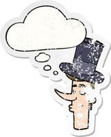 caricatura, hombre, llevando, sombrero de copa, y, pensamiento, burbuja, como, un, desgastado, pegatina