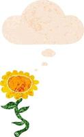 cartoon sunflower and thought bubble in retro textured style vector