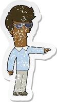 retro distressed sticker of a cartoon man in glasses pointing vector