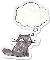 cartoon cat and thought bubble as a distressed worn sticker vector